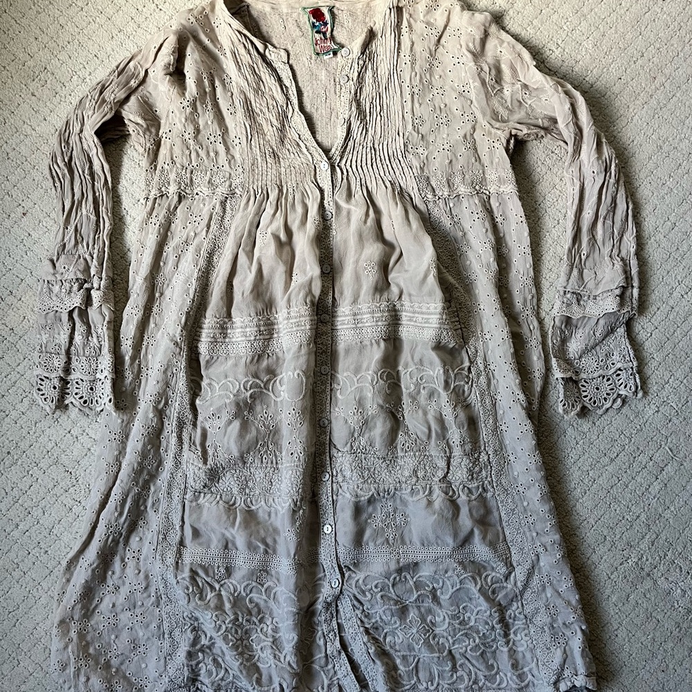 Johnny Was Embroidered Eyelet Lace Boho Dress Button Front Romantic Tunic XS